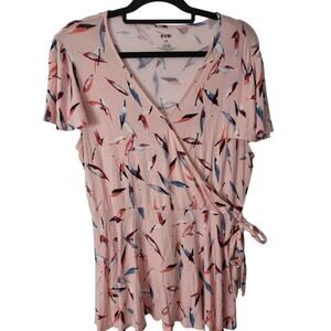 Evri Top 0X Womens Plus Size Pink V Neck Cap Sleeve Ties Pullover Printed Blouse